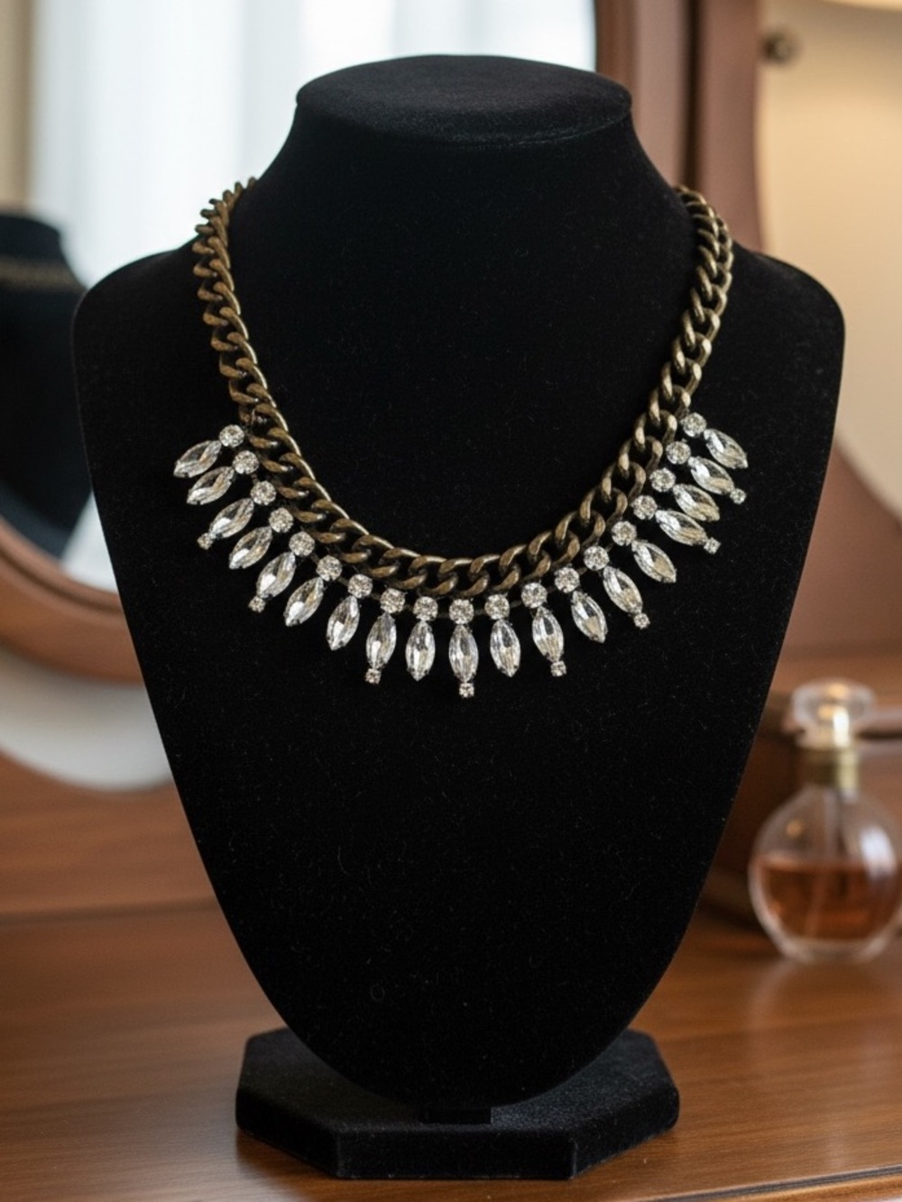 Bronze Chain Statement Necklace with Clear Crystal Drops